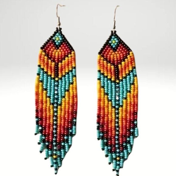 Bohemian Native American Handmade Beaded Tassel Earrings Western Style Colorful - Picture 4 of 15